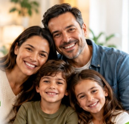 Família sorrindo abraçada